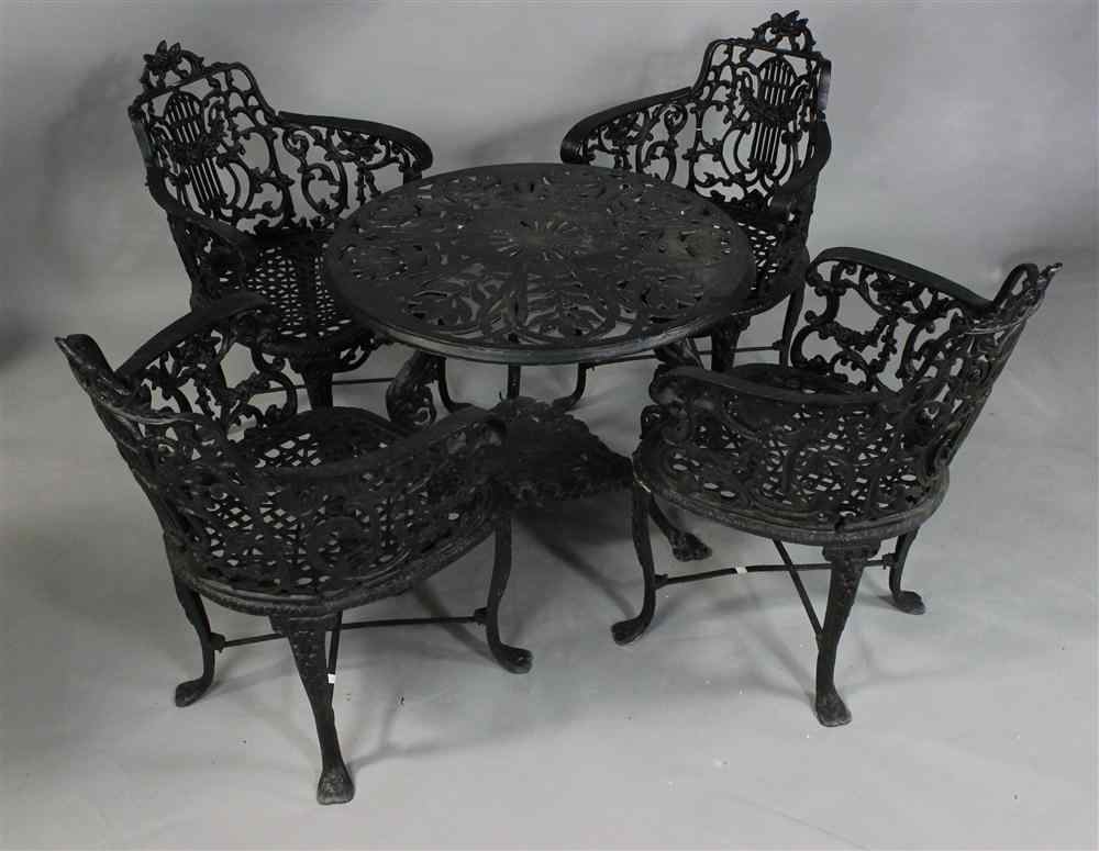 Appraisal: BLACK PAINTED CAST IRON FOUR CHAIRS AND A SIMILAR TABLE