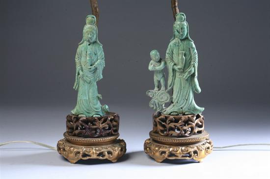 Appraisal: PAIR CHINESE CARVED TURQUOISE FIGURES OF GUANYIN Each standing wearing