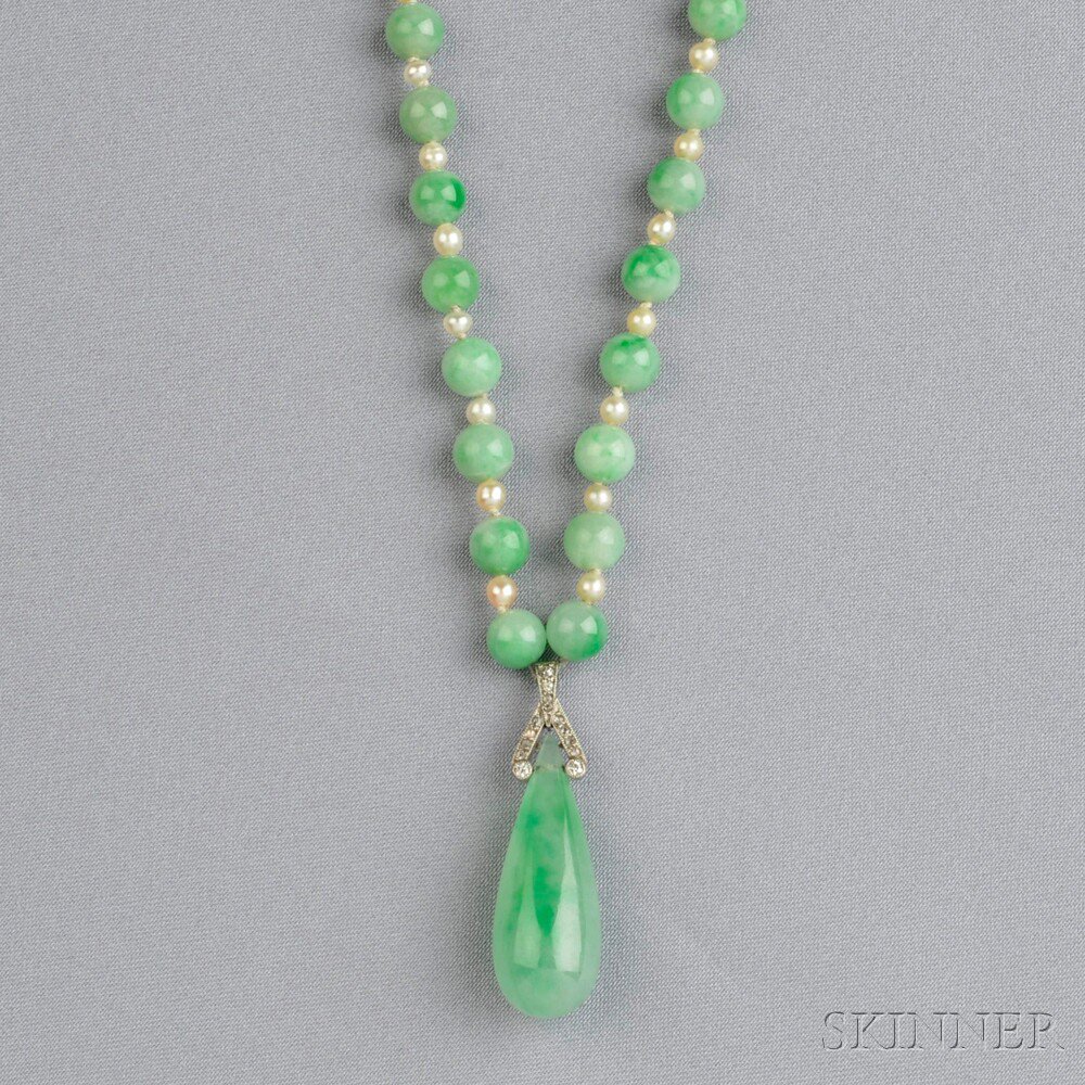 Appraisal: Jade Pearl and Diamond Pendant Necklace the jade drop measuring