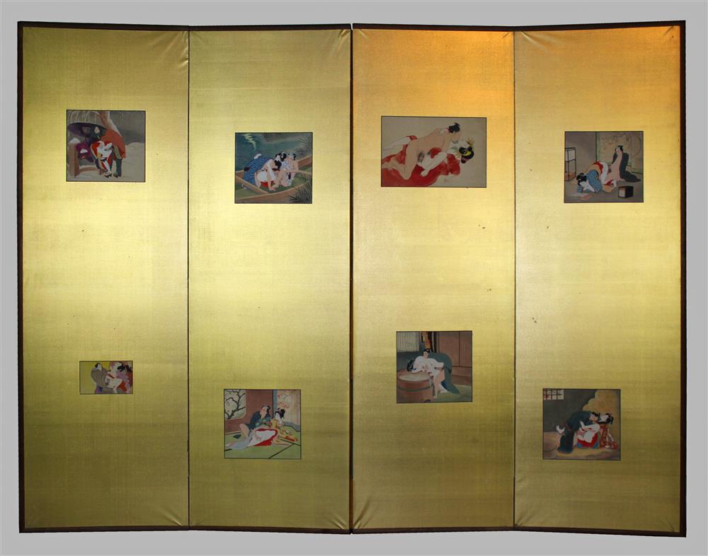 Appraisal: SHUNGA FOUR PANEL SCREEN each panel mounted with erotic scenes