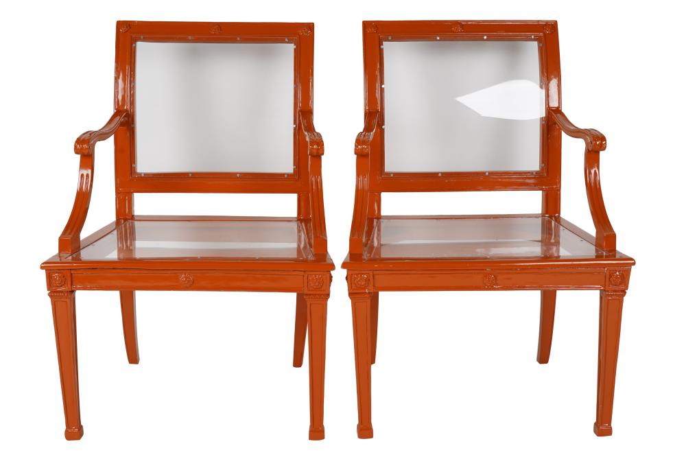 Appraisal: PAIR NEOCLASSIC-STYLE ORANGE-LACQUERED PLEXI CHAIRSunsigned Condition the Plexiglas seats and