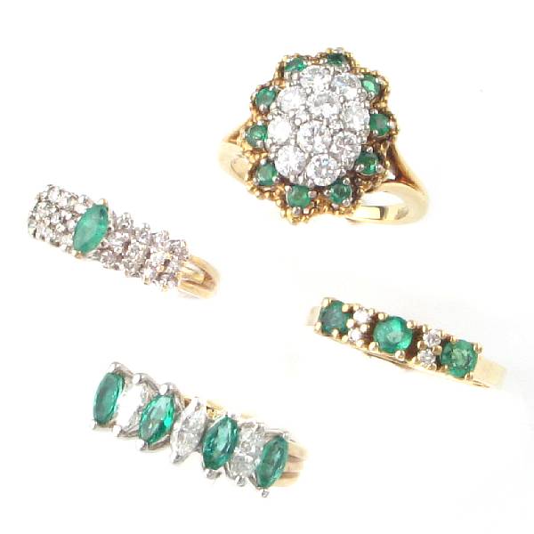 Appraisal: A collection of emerald diamond tourmaline and gold rings thirteen