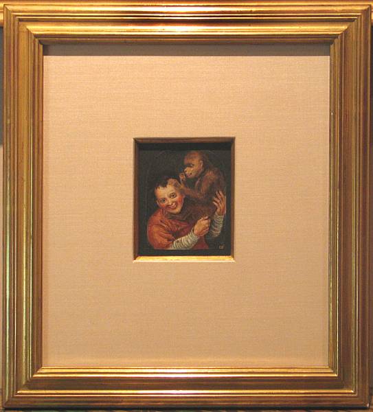 Appraisal: A small framed painting of boy and monkey The primate