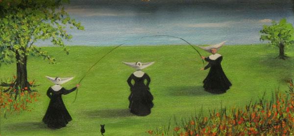 Appraisal: Nuns jumping rope oil on canvas covered board x signed