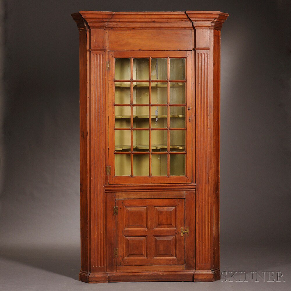 Appraisal: Carved and Glazed Pine Barrel-back Corner Cupboard probably New England