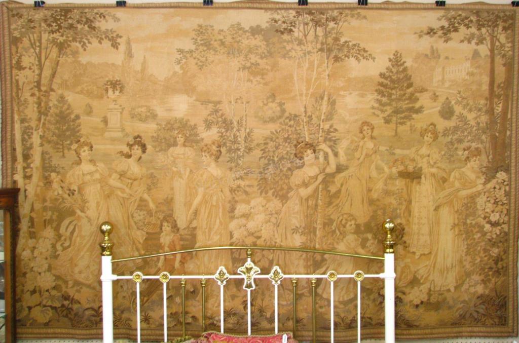 Appraisal: Antique French Tapestry large tapestry depicting maidens collecting flowers in