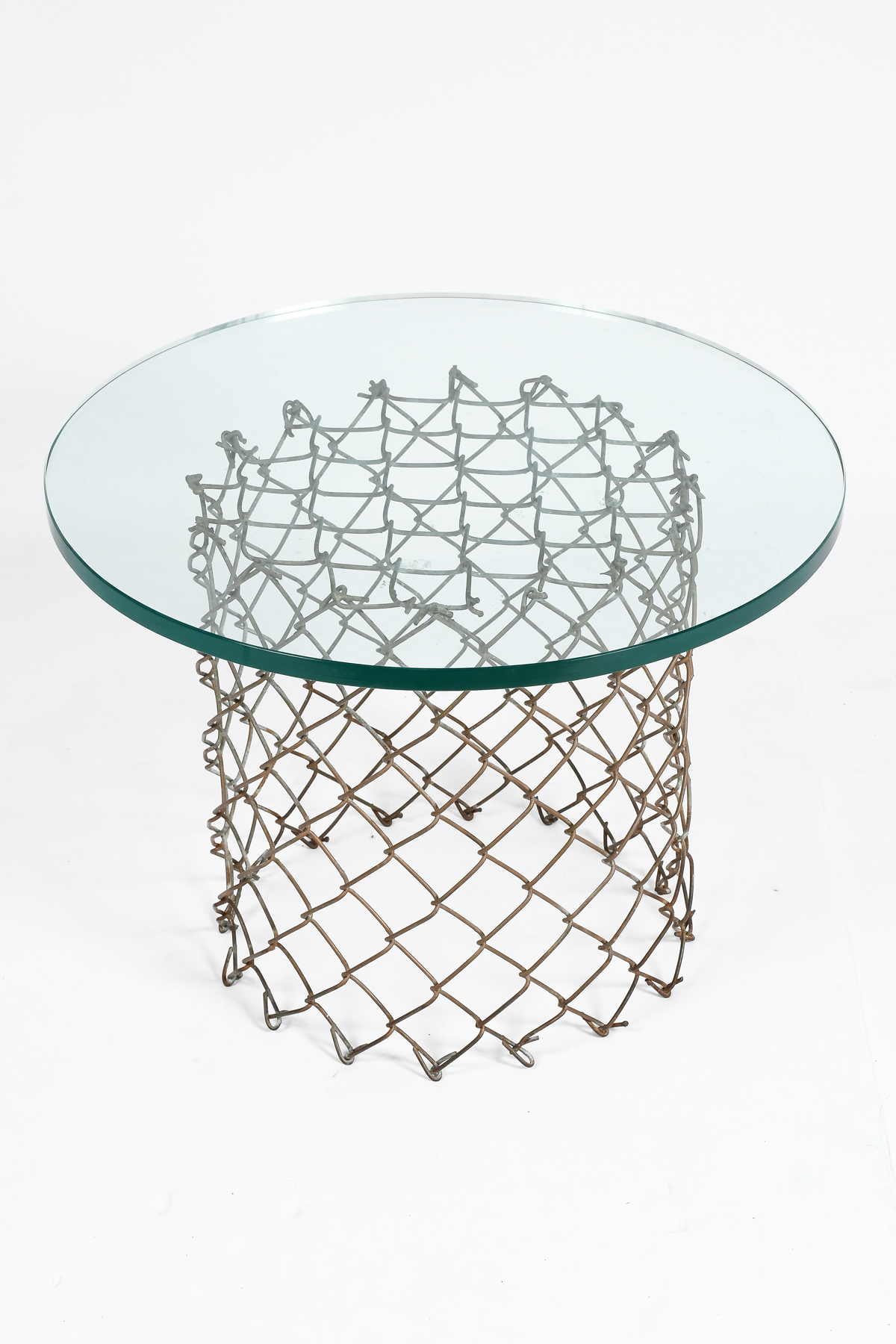 Appraisal: ONE-OF-A-KIND GLASS TOP CYCLONE FENCE END TABLE Welded Cyclone Fence