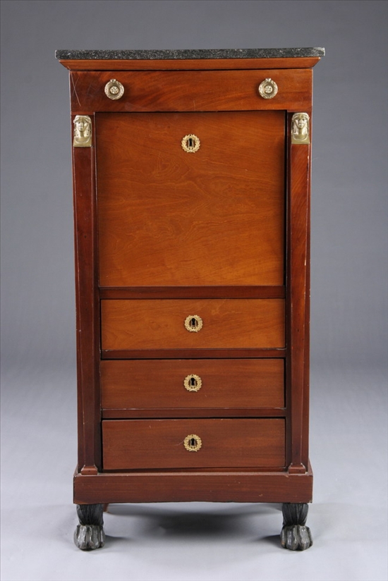 Appraisal: FRENCH EMPIRE FRUITWOOD MARBLE-TOP GILT-MOUNTED SECRETARY A BATTANT th century