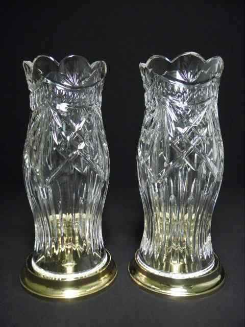 Appraisal: Pair of Waterford cut crystal and brass base hurricane globes