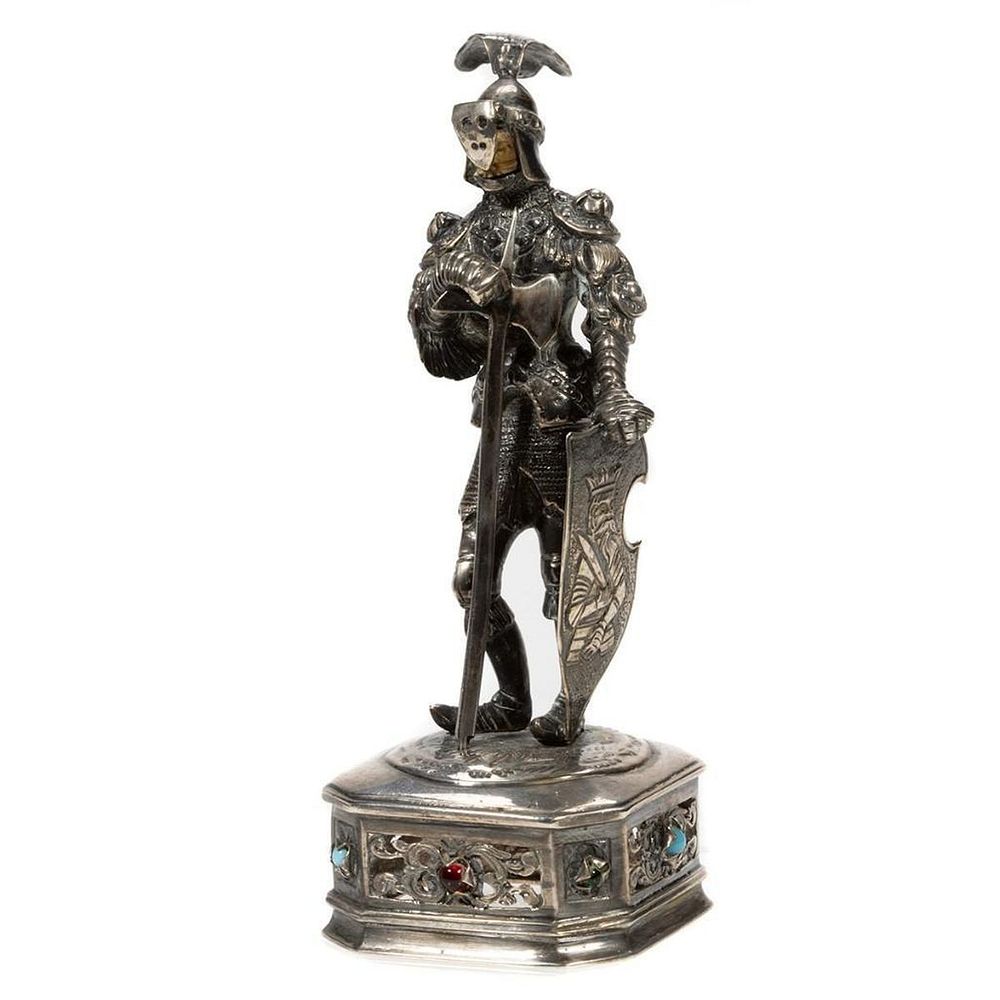 Appraisal: German Medieval-Style Sterling Silver Figure German Medieval-Style Sterling Figure Having