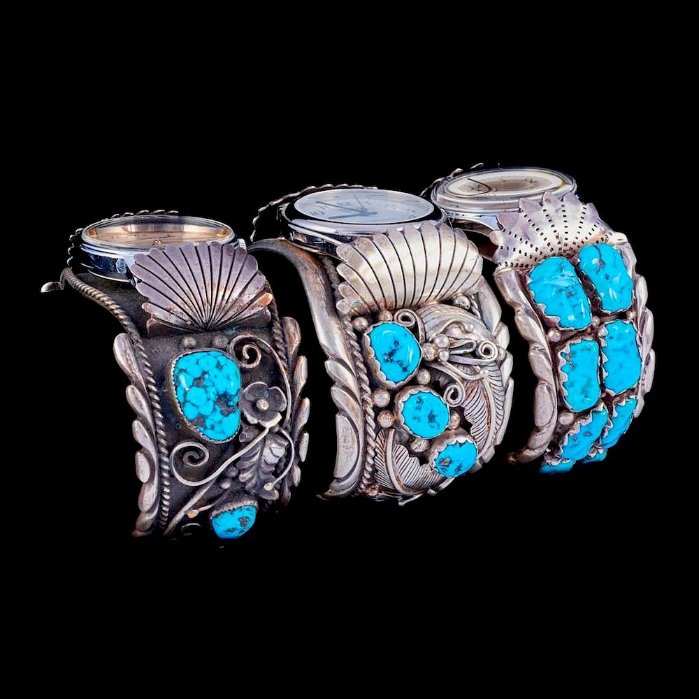 Appraisal: NAVAJO WATCH CUFF BRACELETS Three Old Pawn Southwest turquoise silver