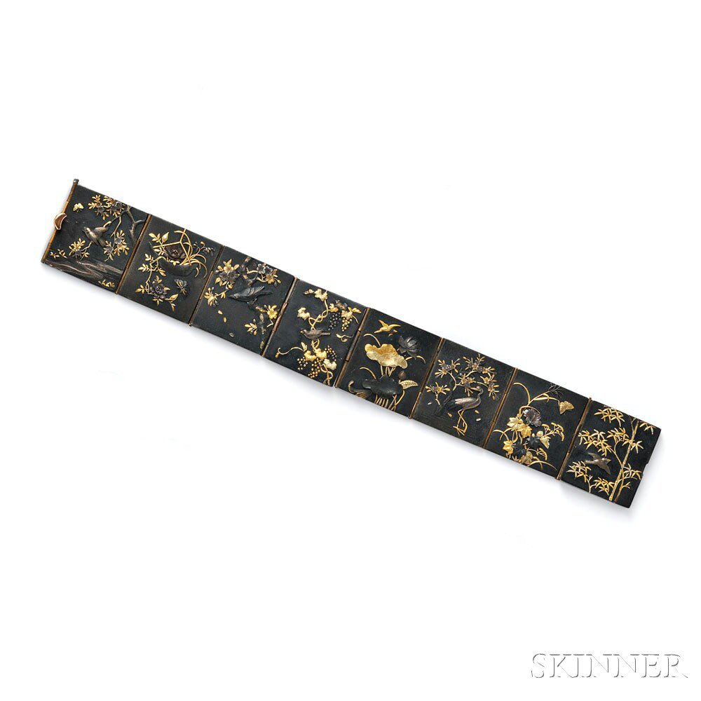 Appraisal: Shakudo Bracelet the eight panels depicting birds and foliage kt