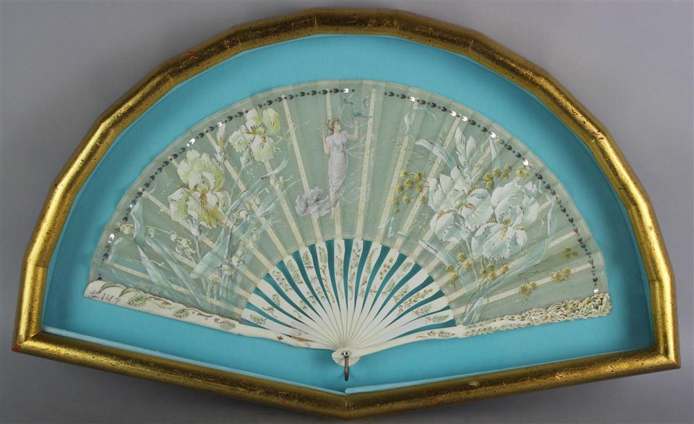 Appraisal: BELLE EPOQUE PAINTED SILK AND IVORINE LADY'S FAN MOUNTED IN