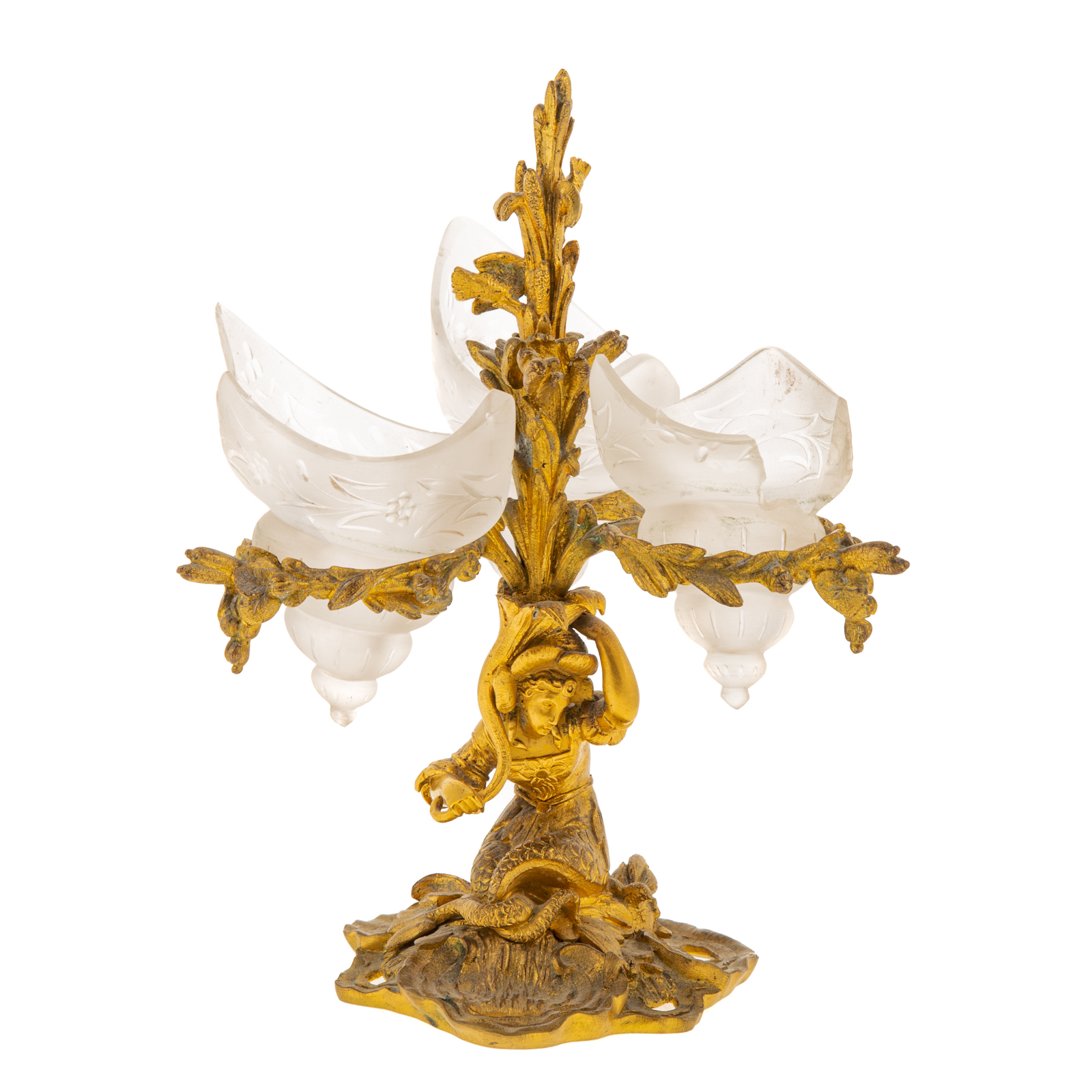 Appraisal: CONTINENTAL POLISHED BRONZE MERMAID EPERGNE th century mermaid sitting on