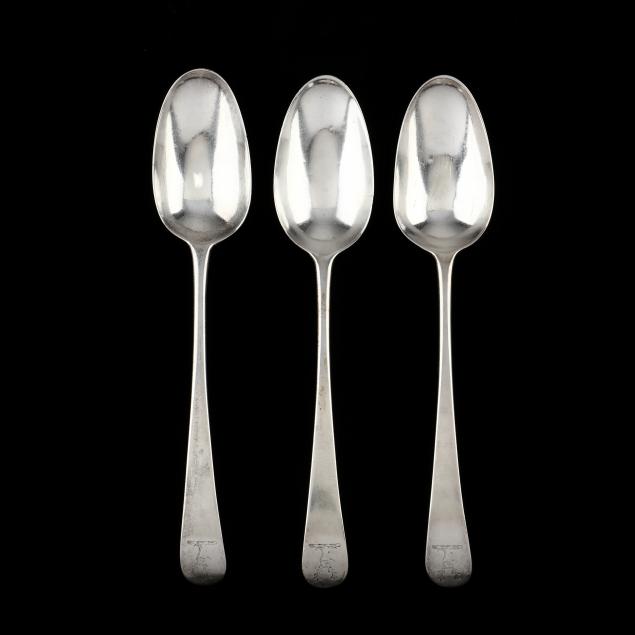 Appraisal: THREE GEORGE III SILVER TABLESPOONS MARKS OF HESTER BATEMAN London