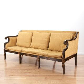 Appraisal: Regency parcel gilt ebonized upholstered settee Regency parcel gilt ebonized