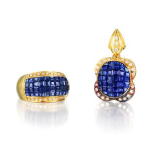 Appraisal: A Sapphire and Diamond Pendant and Ring Set Comprised of