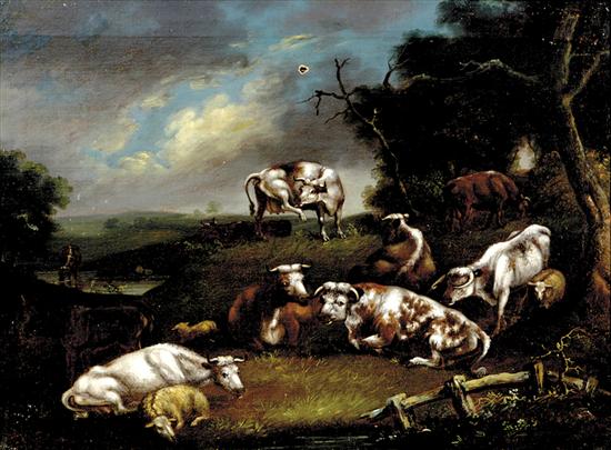 Appraisal: British school th century COWS AT PASTURE oil on canvas