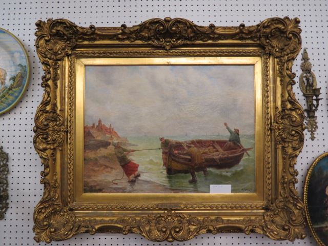 Appraisal: George Jean Marie Haquette oil fishermen coming ashore well listed