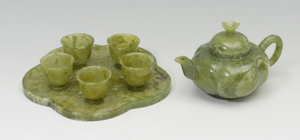 Appraisal: SPINACH JADE MINIATURE TEA SET pieces total to include Miniature