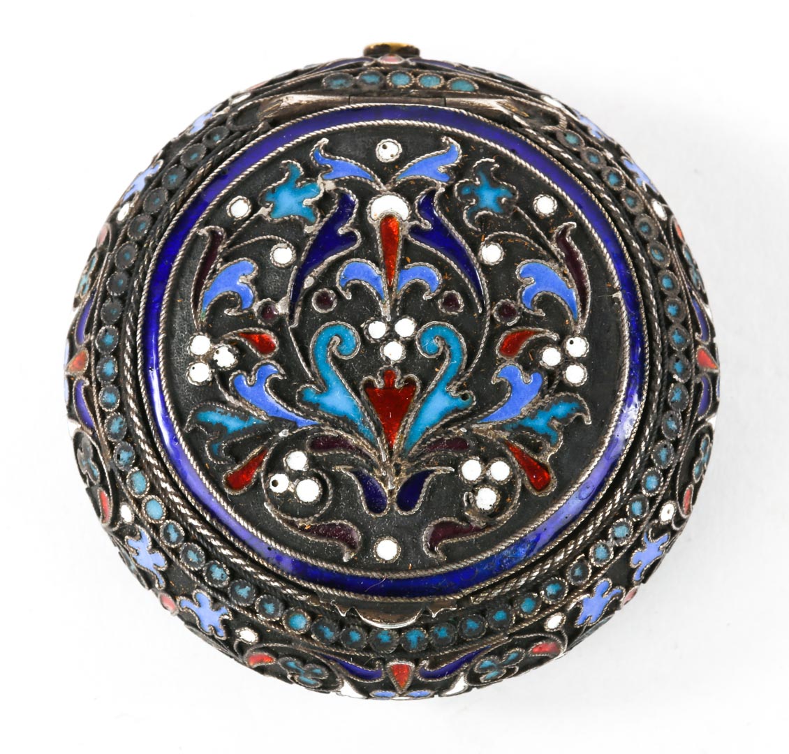 Appraisal: Russian cloisonne enamel silver-gilt pill box possibly Ivan Saltykov Moscow