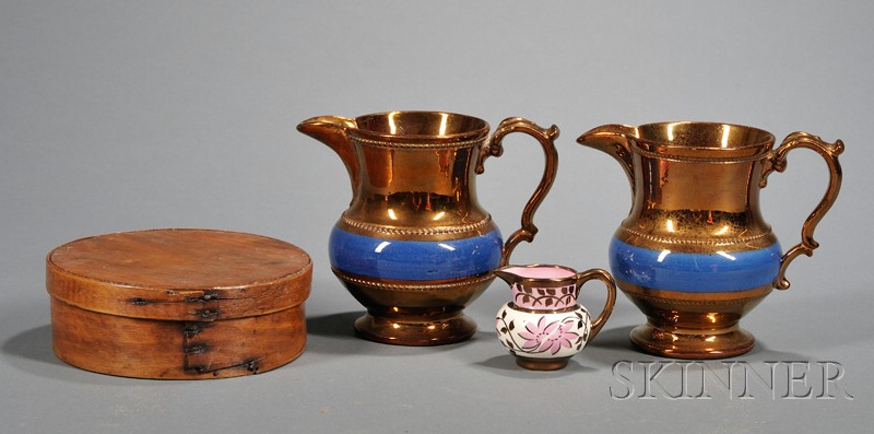 Appraisal: Three Copper Lustre Pottery Pitchers and a Covered Pantry Box