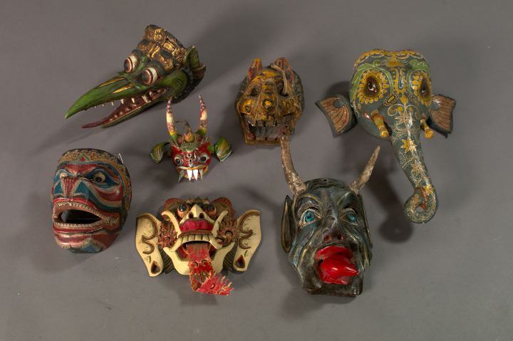 Appraisal: Interesting Collection of Seven Traditional Indonesian Carved and Polychromed Wooden