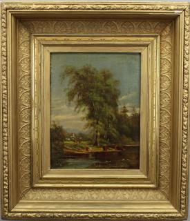 Appraisal: American School Bucolic Landscape with Livestock drinking water near a