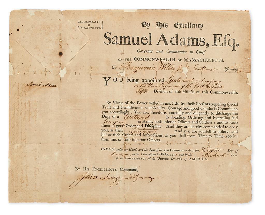 Appraisal: ADAMS SAMUEL Partly-printed Document Signed as Governor of Massachusetts appointing