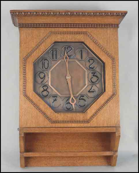 Appraisal: AMERICAN OAK WALL CLOCK With key and pendulum '' x