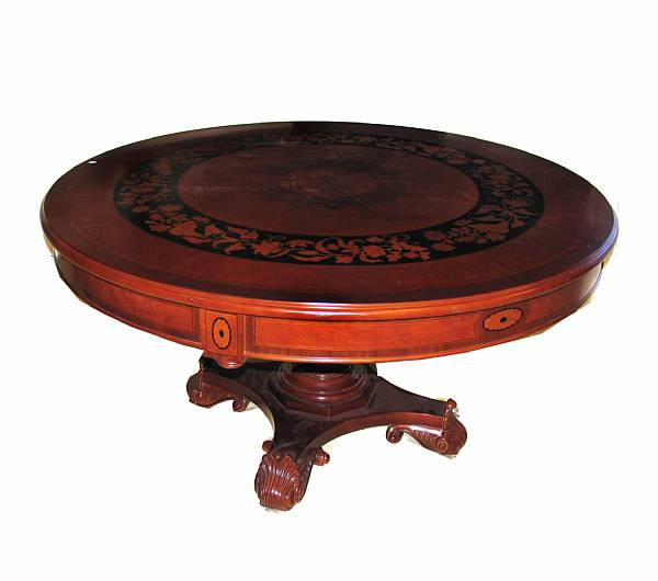 Appraisal: A marquetry style circular dining table height in diameter in