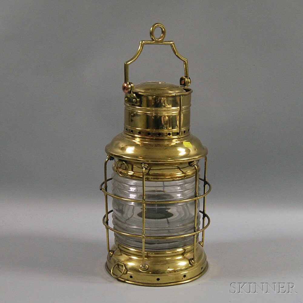 Appraisal: Brass and Glass Ship's Lantern th century brass framework with