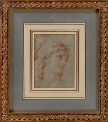 Appraisal: ITALIAN SCHOOL THREE-QUARTER PROFILE Sepia chalk with highlighting on paper