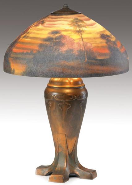 Appraisal: HANDEL Table lamp with a chipped glass lobed shade reverse-painted