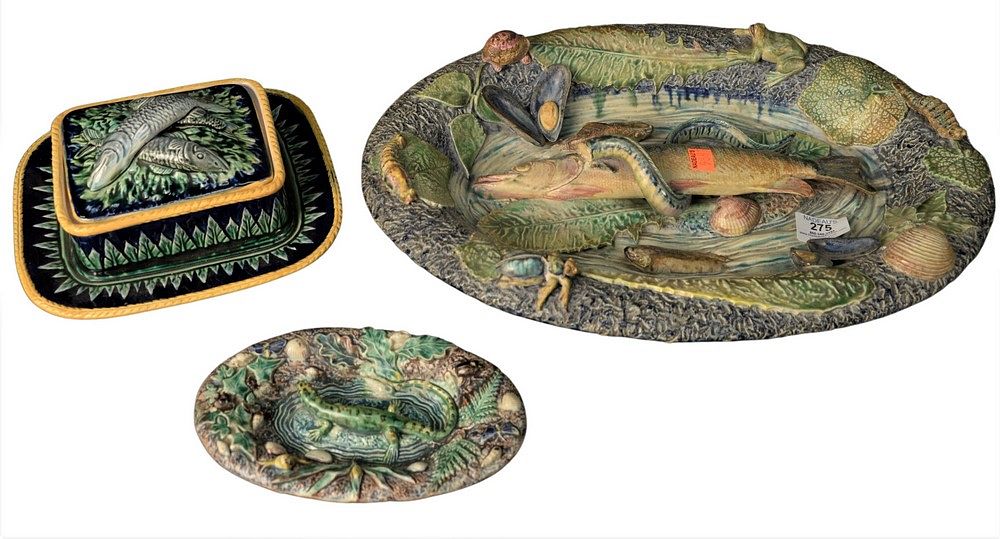 Appraisal: Three piece Majolica lot to include two Palissy plates the