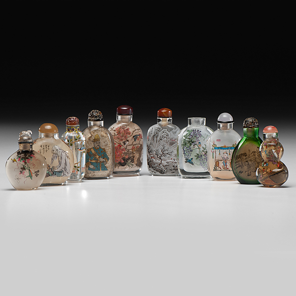 Appraisal: Chinese th century A collection of ten inside-painted glass snuff