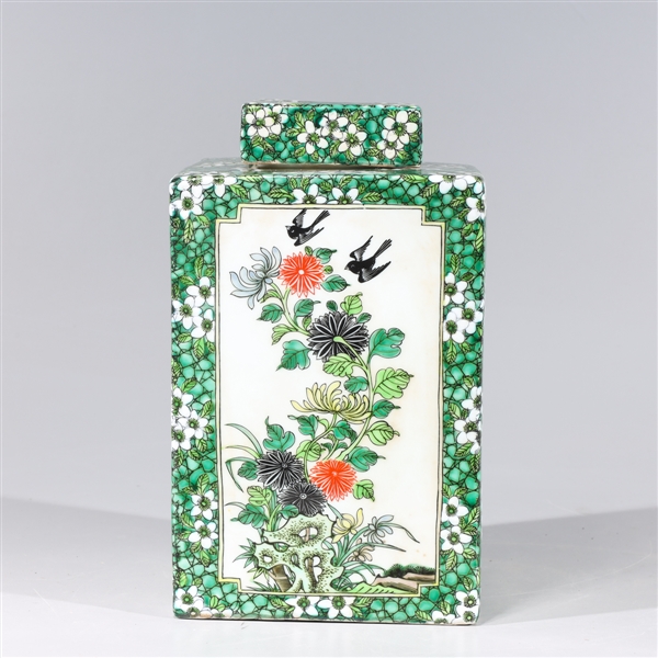 Appraisal: Chinese famille verte enameled porcelain square-form covered vase with birds