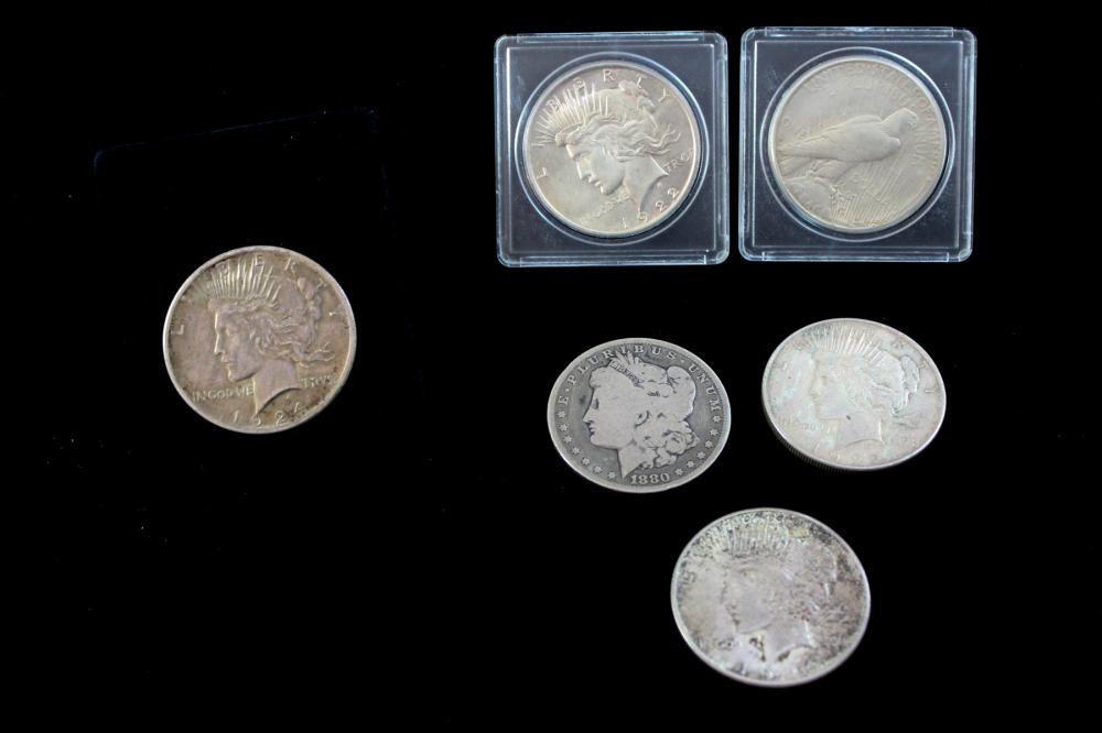 Appraisal: SIX U S SILVER DOLLARS Morgan and Peace type -P