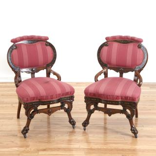 Appraisal: Pair Herter Bros carved inlaid walnut side chairs Pair Herter