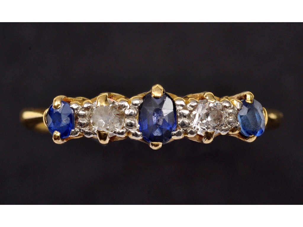 Appraisal: A Sapphire and Diamond five stone Ring claw-set three oval-cut