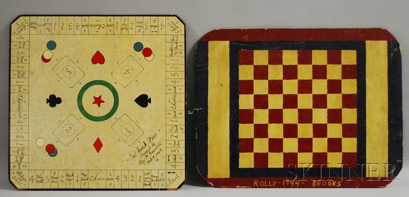 Appraisal: Two Polychrome Painted Game Boards a paperboard checkerboard labeled Rolly