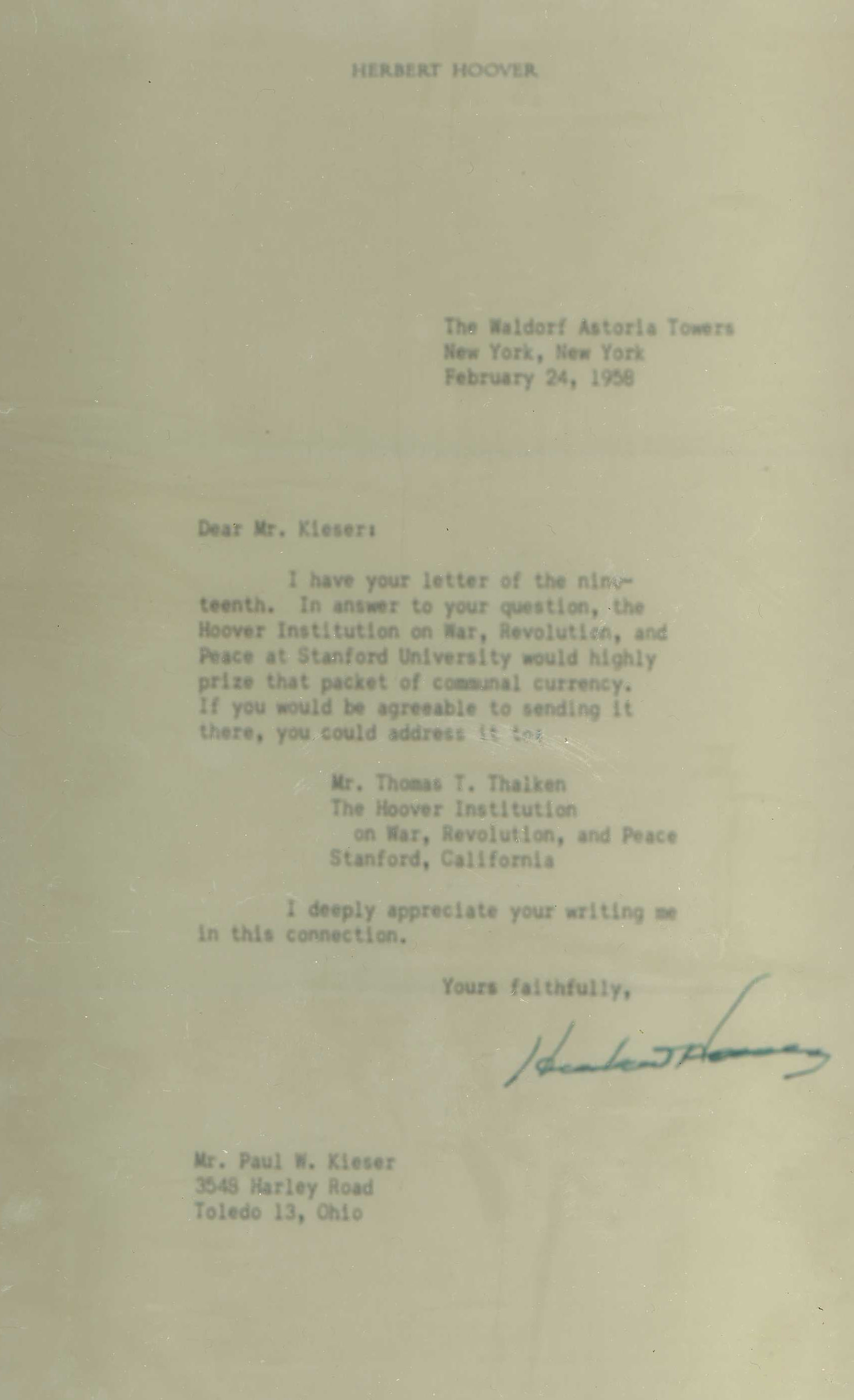 Appraisal: piece Typed Letter Signed Hoover Herbert New York Feb p