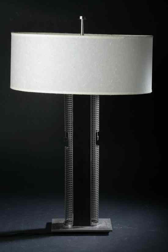 Appraisal: BRUSHED METAL AND CHERRY TABLE LAMP BY GIRARDIN Signed and