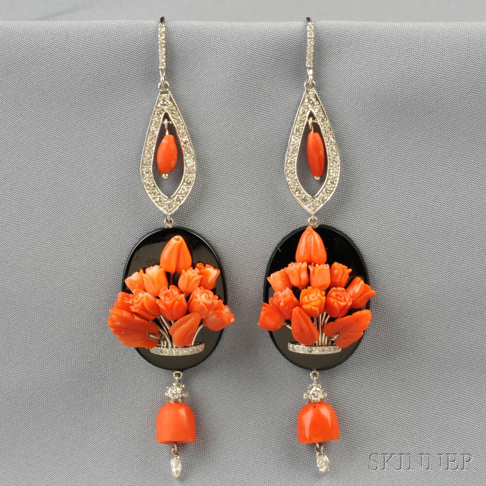 Appraisal: kt White Gold Coral and Onyx Earpendants each oval plaque