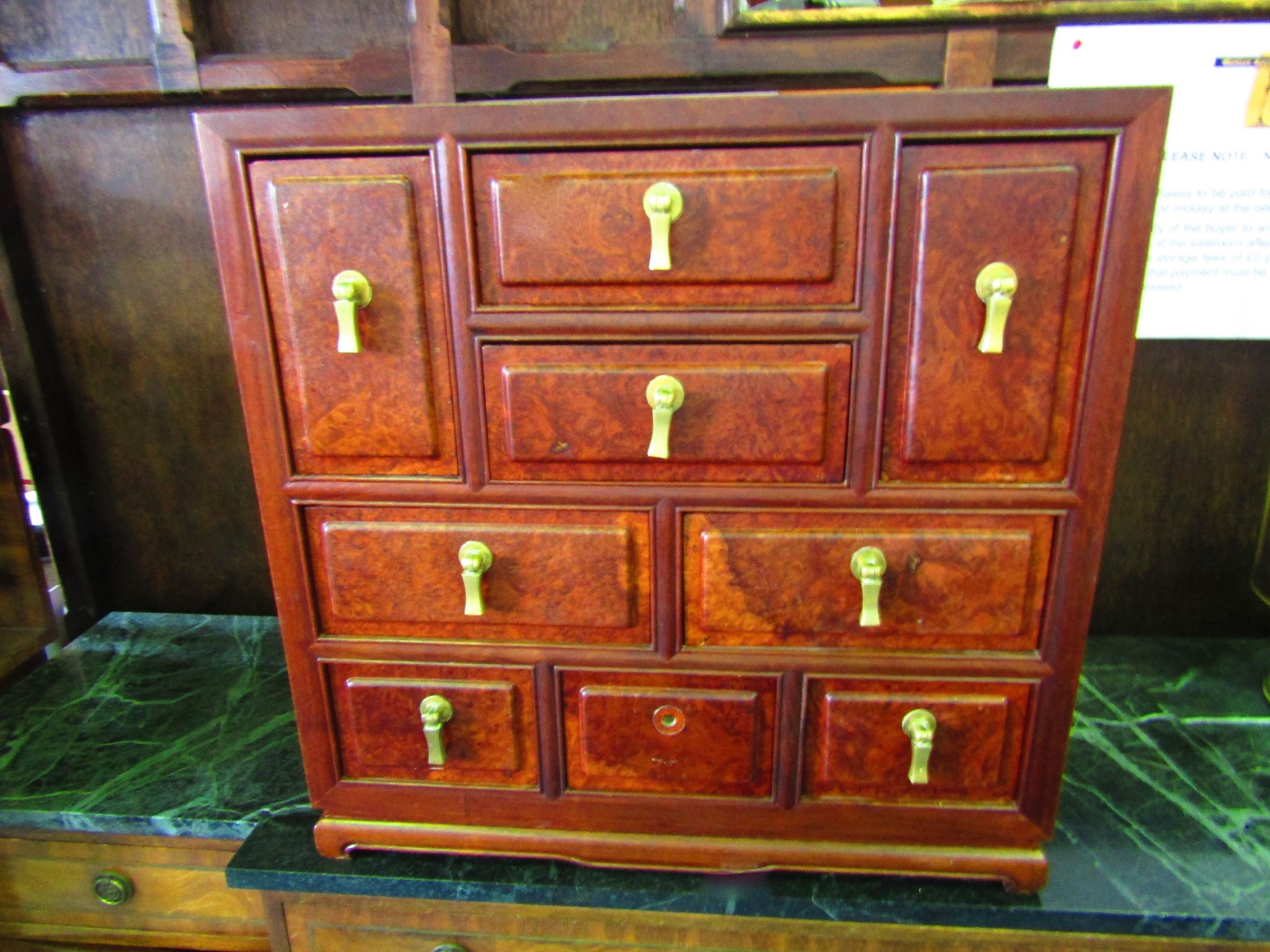 Appraisal: A small contemporary Chinese hardwood and burr walnut veneered collectors