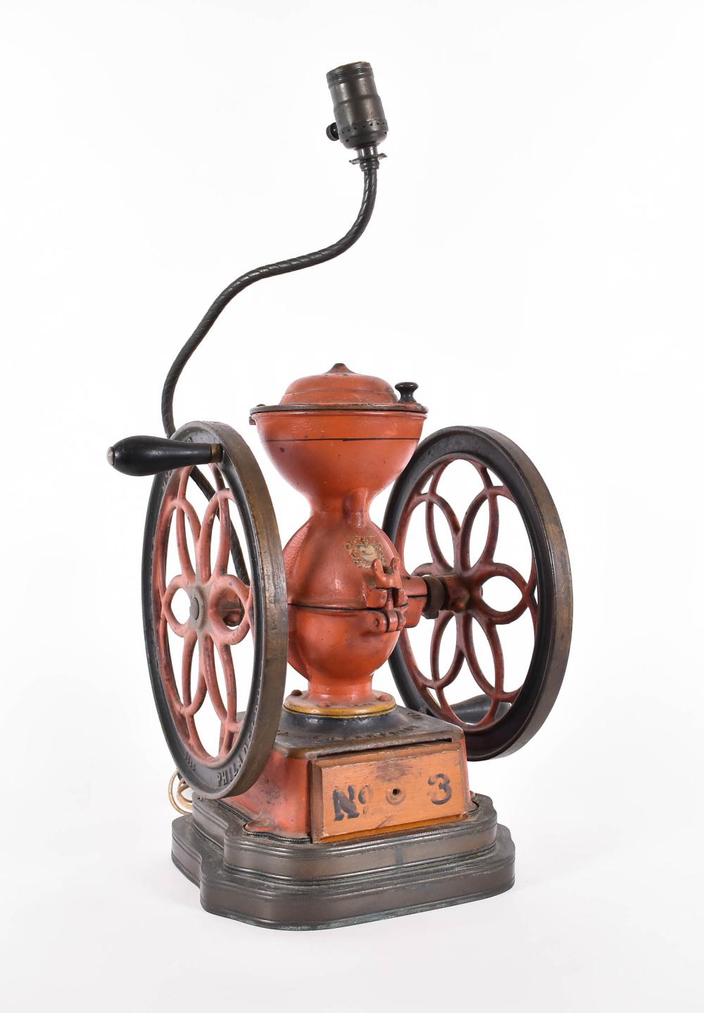 Appraisal: ANTIQUE PAINTED COFFEE GRINDER MOUNTED AS A LAMPAntique Painted Coffee