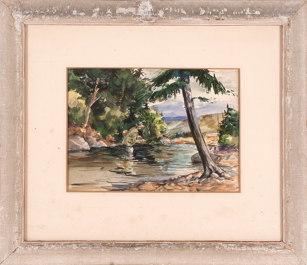 Appraisal: FRAMED WATERCOLOR UNTRACED ARTIST A fly fisherman in a mountain