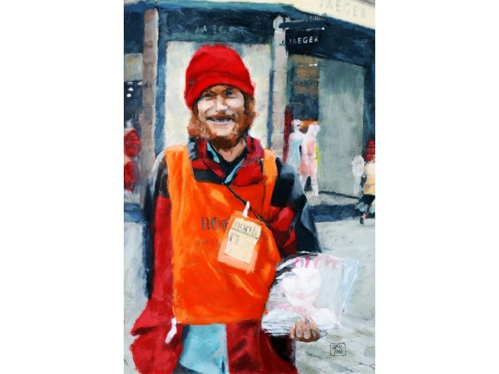 Appraisal: CHRIS SIMS twentieth century ACRYLIC'Big Issue' seller King Street Manchester