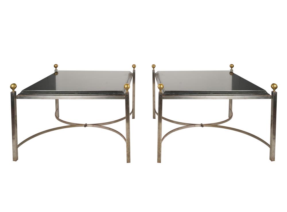 Appraisal: PAIR MAISON JANSEN-STYLE GRANITE-TOP END TABLESwith chrome and brass supports