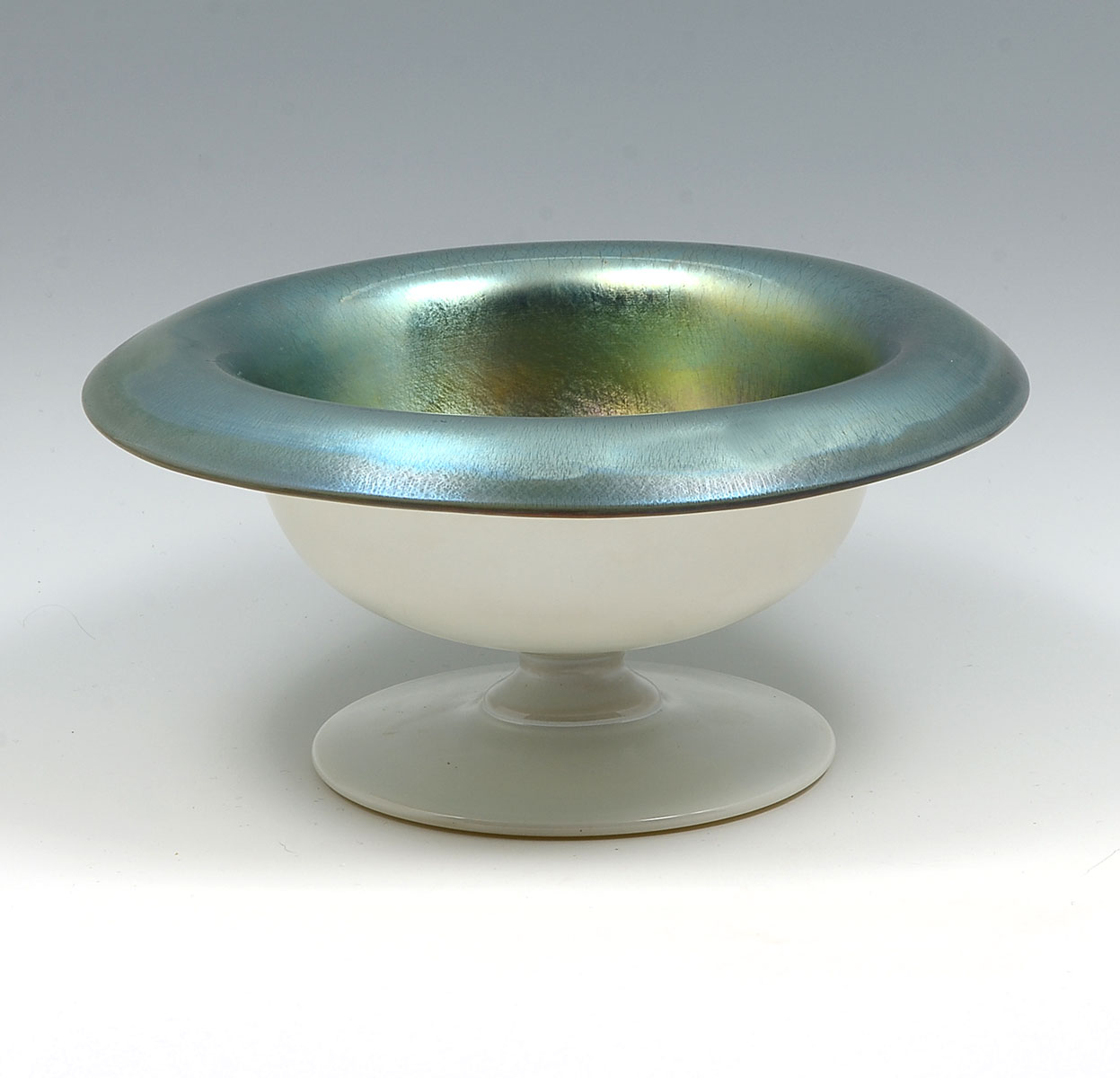 Appraisal: STEUBEN IRIDESCENT CALCITE GLASS FOOTED BOWL Blue iridescent on calcite